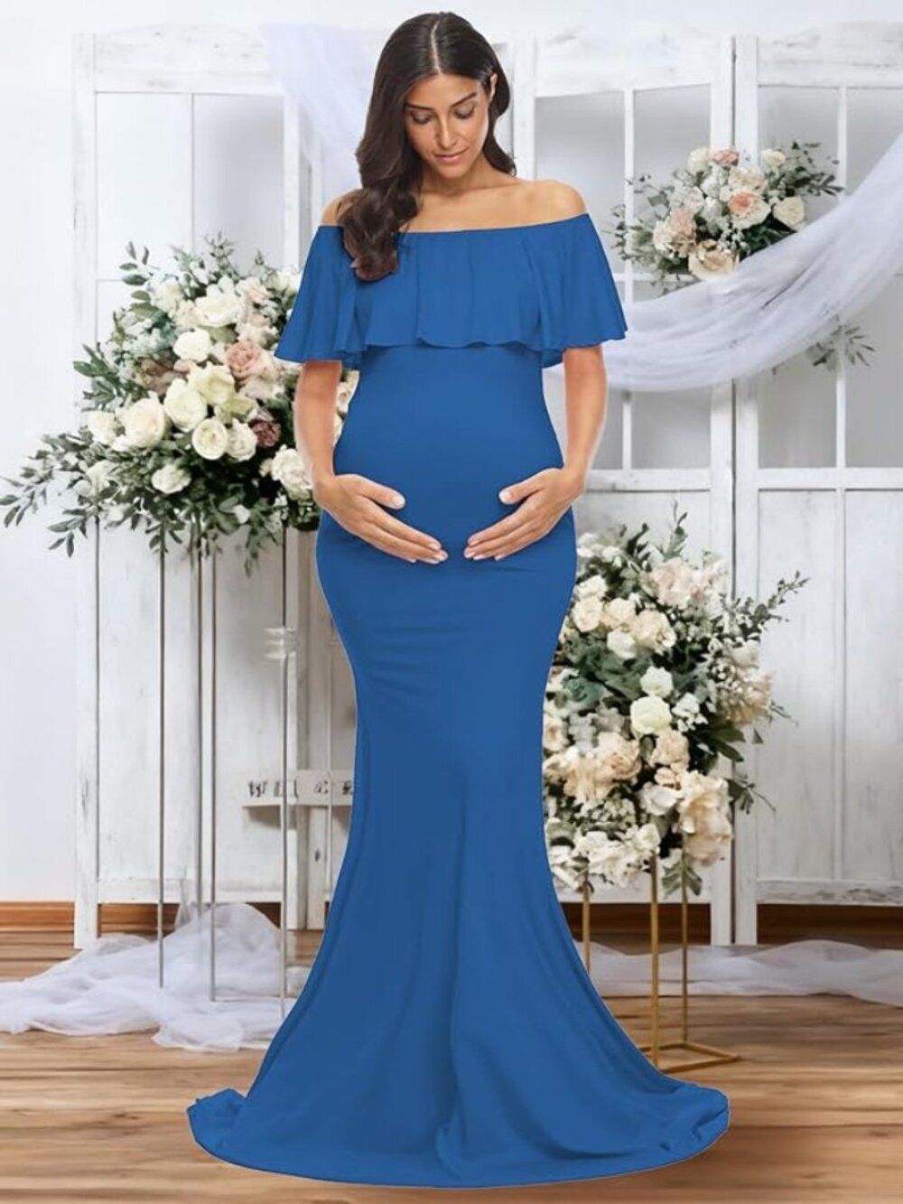 💙👶✨ NWOT Blue Off Shoulder Maternity Maxi Photoshoot Dress Small